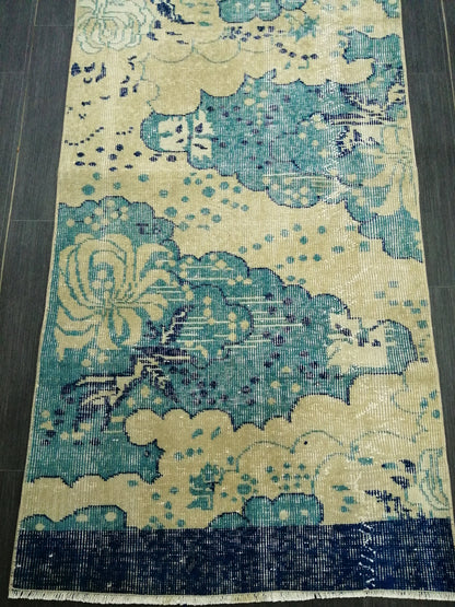 Oushak Runner Rug 10.5 X 2.5  Turkish Runner Rug Vintage Runner Rug  Beige and Blue Hallway Runner Rug Kitchen Runner Rug vinatgeturkish_rug
