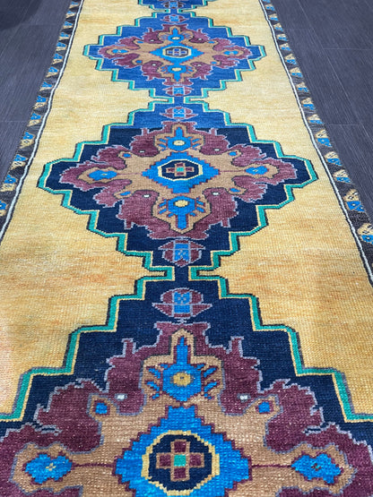 Wool Antique Runner Rug 2.2 x 7.2 Turkish Runner Rug Vintage Runner Rug Old Hallway Runner Rug Kitchen Runner Rug Yellow Wool Runner Rug