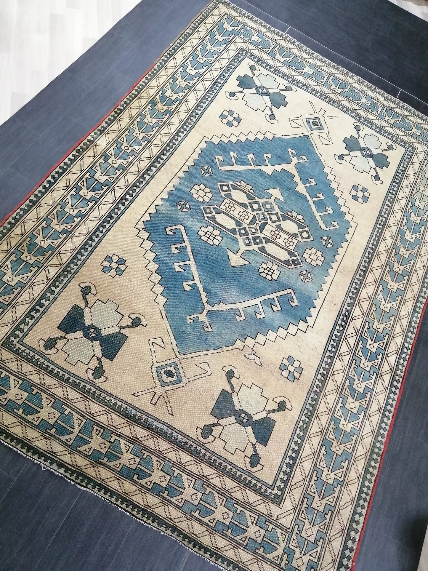 Blue Vintage Rug 7.2 x 10.6 Authentic Turkish Oushak Rug Hand Knotted Rug Rustic Rug, Wool Turkish Rug 7x10 Rug, Beige Oriental Rug 7x11 rug