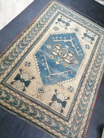 Blue Vintage Rug 7.2 x 10.6 Authentic Turkish Oushak Rug Hand Knotted Rug Rustic Rug, Wool Turkish Rug 7x10 Rug, Beige Oriental Rug 7x11 rug