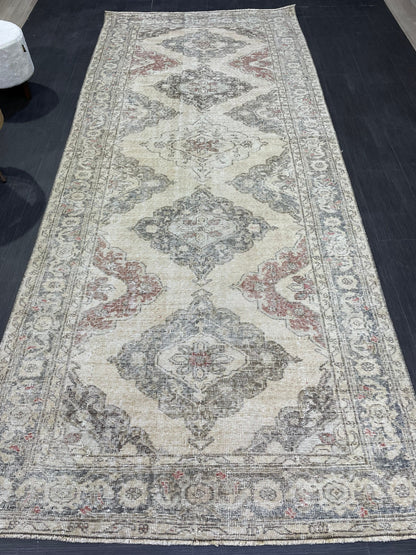 Vintage Runner 4.9 x 12.7 Rug, Turkish Runner Rug, Faded Distressed Runner Rug,Hallway Runner Rug Neutral Kitchen Runner Rug