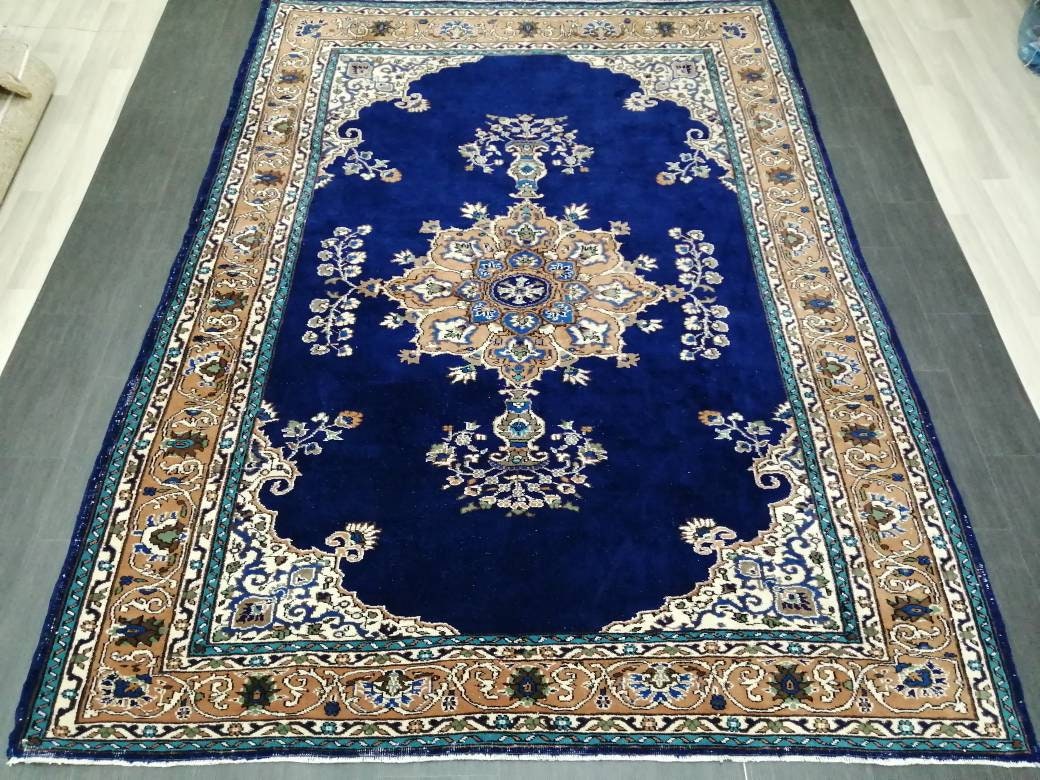 Navy High Wool Pile Vintage RUG 7 x 9.8 TURKISH Rug Vintage High Pile Oushak  Rug Vintage Rug Wool Oushak Rug Blue Rugs Persian Rug 7x10 rug