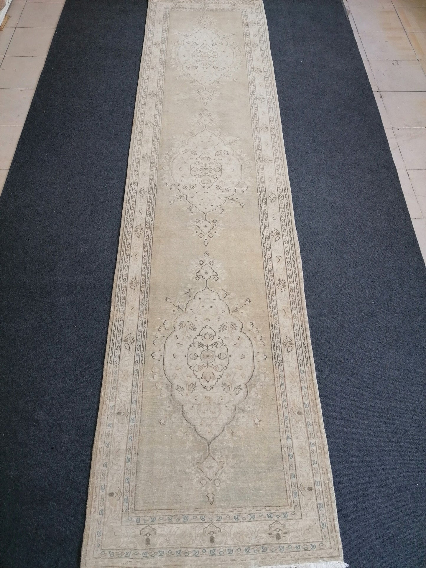 Faded hallway runner rug, 11'5x2'9, pastel runner rug, faded turkish runner rug, vintage runner rug, muted entryway rug,oushak runner rug