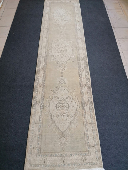 Faded hallway runner rug, 11'5x2'9, pastel runner rug, faded turkish runner rug, vintage runner rug, muted entryway rug,oushak runner rug