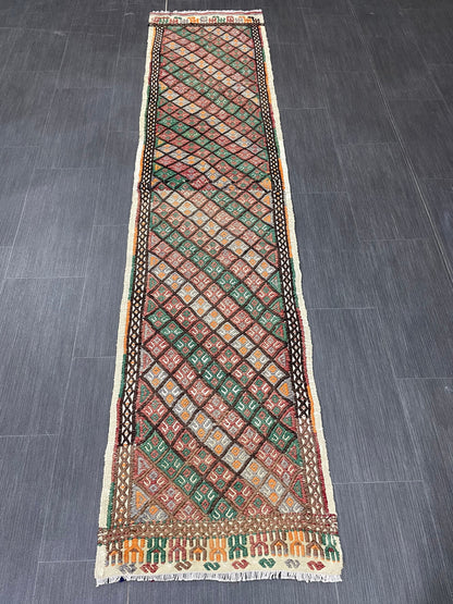 Handmade Embroidery Runner Rug 1.8 x 8 Turkish Runner Rug Flat weave Vintage Runner Rug  Flat-woven Hallway Runner Rug Kitchen Runner