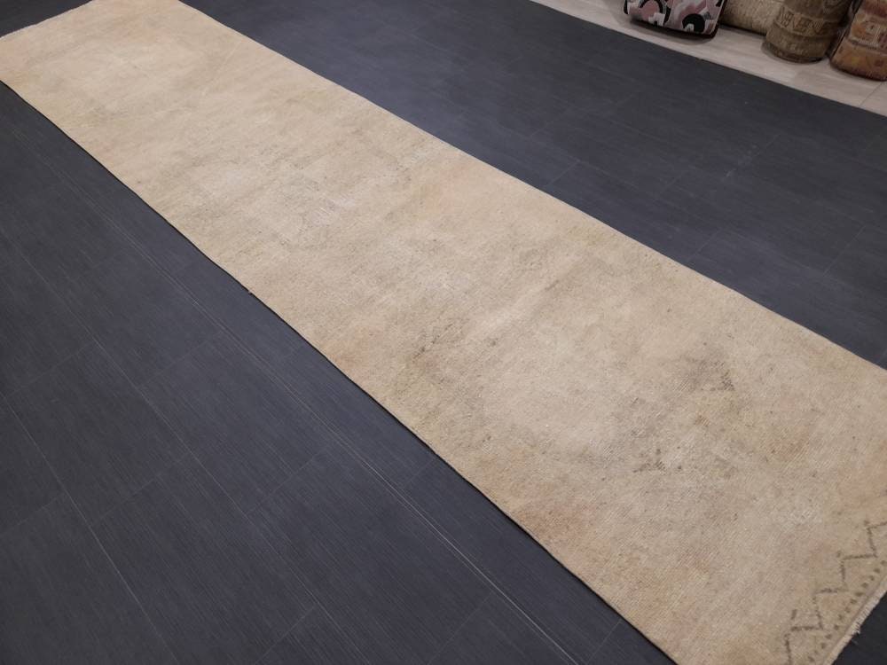 Neutral Vintage Hand Made Runner Rug Turkish Runner Rug 2.8 x 12.3 Faded Vintage Runner Rug Hallway Runner Rug Neutral Kitchen Runner Rug