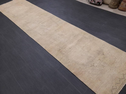 Neutral Vintage Hand Made Runner Rug Turkish Runner Rug 2.8 x 12.3 Faded Vintage Runner Rug Hallway Runner Rug Neutral Kitchen Runner Rug