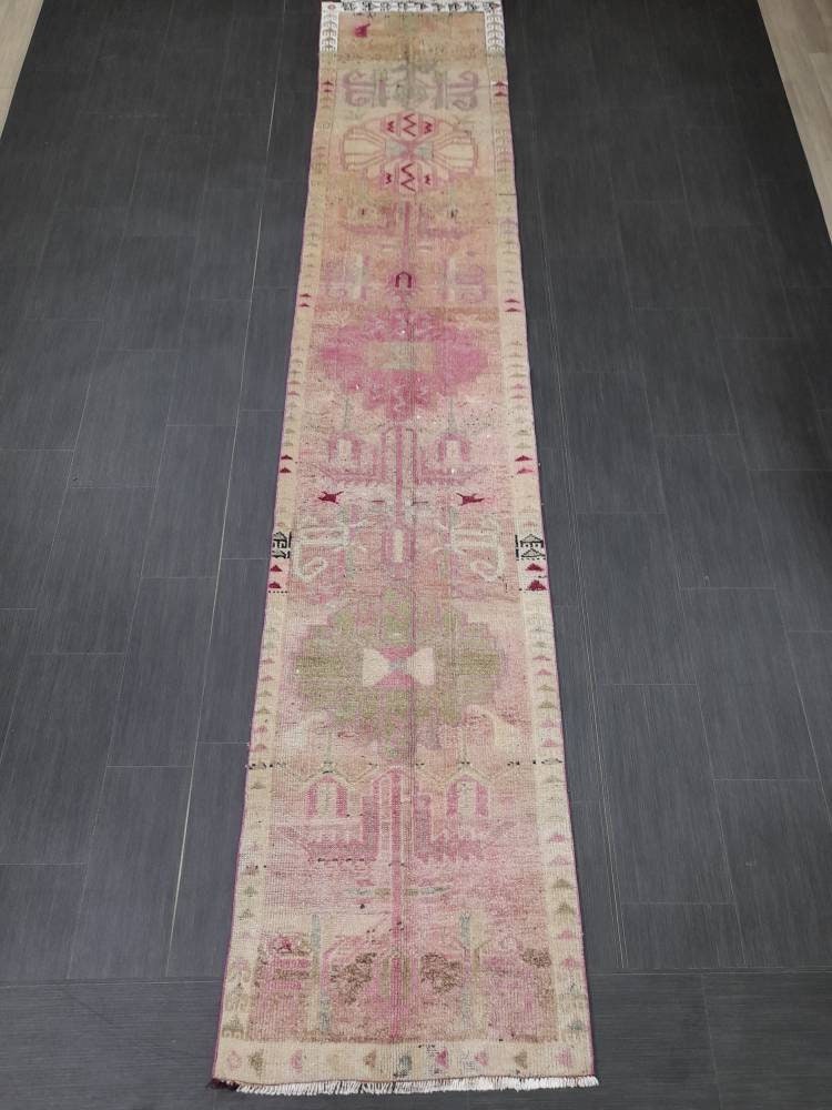 Muted Vintage Runner Rug Vintage Persian Runner Rug 2.4 x 12.4 Hallway Runner Rug Turkish Kitchen Runner Rug Antique Wool Oriental Runner