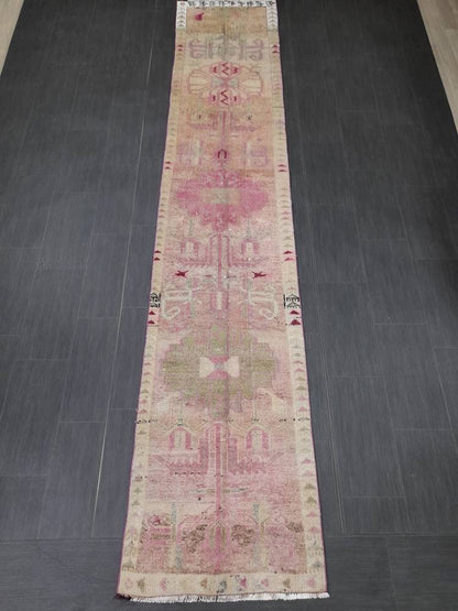Muted Vintage Runner Rug Vintage Persian Runner Rug 2.4 x 12.4 Hallway Runner Rug Turkish Kitchen Runner Rug Antique Wool Oriental Runner
