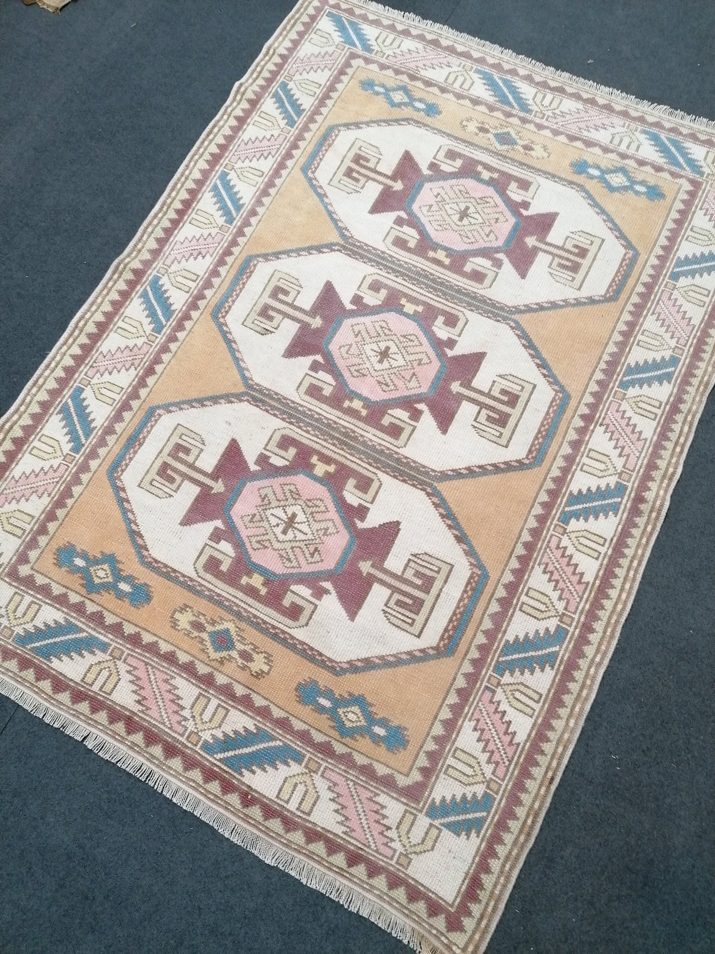 4.3x6 vintage wool rug, oushak rug, living room rug, unique hand made rug, bohemian rug