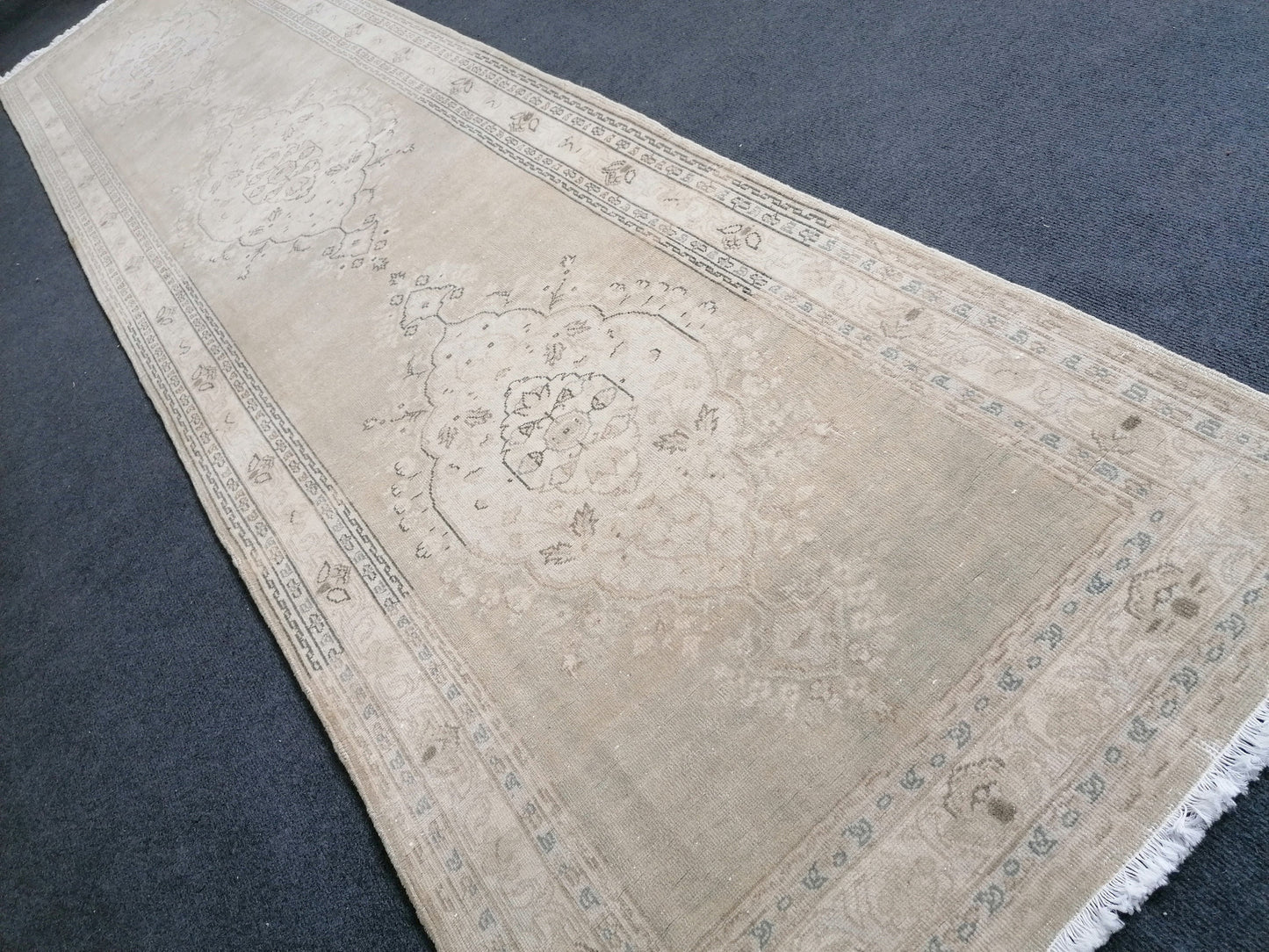 Faded hallway runner rug, 11'5x2'9, pastel runner rug, faded turkish runner rug, vintage runner rug, muted entryway rug,oushak runner rug
