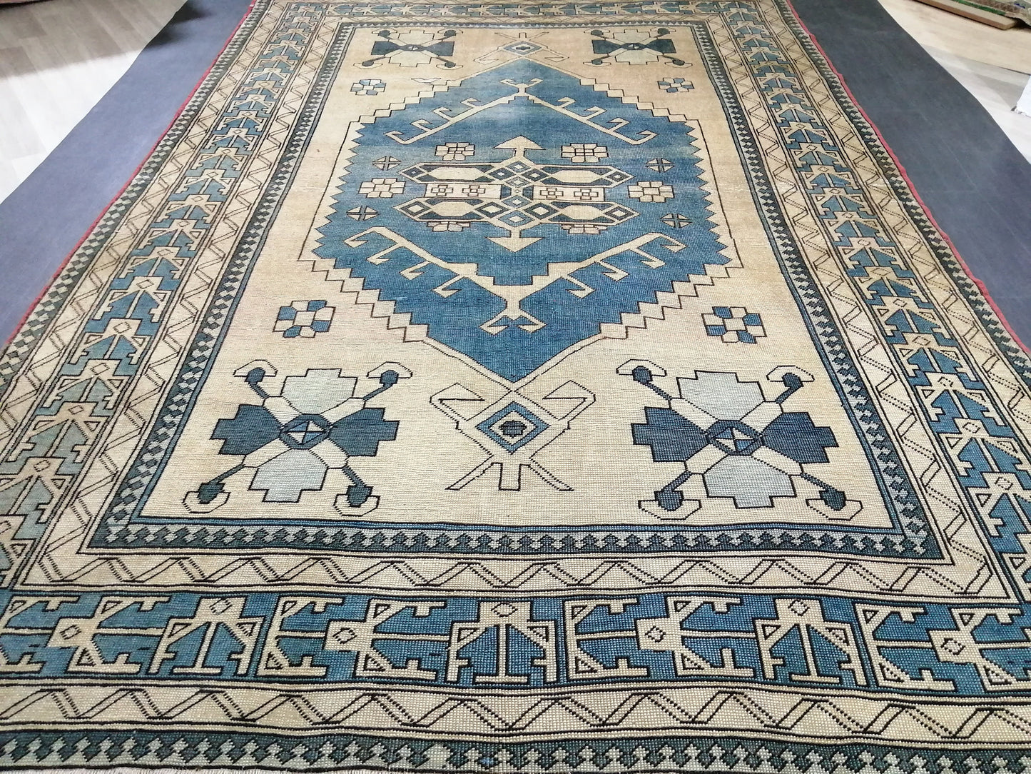 Blue Vintage Rug 7.2 x 10.6 Authentic Turkish Oushak Rug Hand Knotted Rug Rustic Rug, Wool Turkish Rug 7x10 Rug, Beige Oriental Rug 7x11 rug