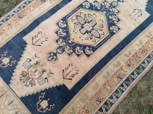 5.6 x 10 blue vintage rug, oushak wool rug , large anatolian rug,unique handmade