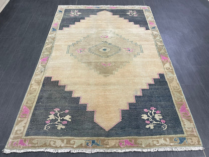 Muted Vintage RUG TURKISH 4 x 6.2 Oushak Rug Vintage Oushak Rug Vintage Rug Muted Navy Rug HandMade Rug Vintage Neutral Rug