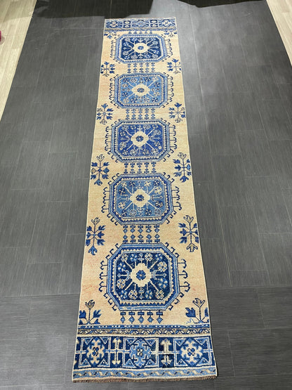 Blue and Blue Vintage Runner Rug Vintage Oushak Runner Rug 2.7 x 12  Hallway Runner Rug Turkish Kitchen Runner Antique Oriental Runner Rug