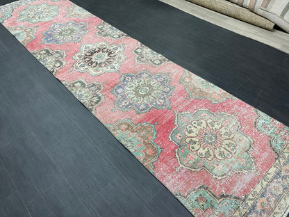 Muted Vintage Runner Rug Vintage Oushak Runner Rug 3 x 12.5  Hallway Runner Rug Turkish Kitchen Runner Rug Antique Wool Oriental Runner Rug