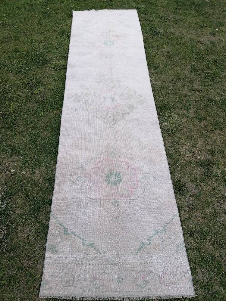Faded runner wool rug 2'10x10'7 muted runner handmade rug, hallway runner rug, kitchen runner, bohemian runner, vintage runner rug,