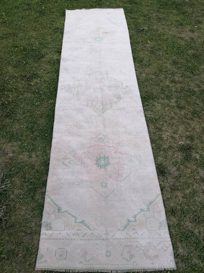 Faded runner wool rug 2'10x10'7 muted runner handmade rug, hallway runner rug, kitchen runner, bohemian runner, vintage runner rug,