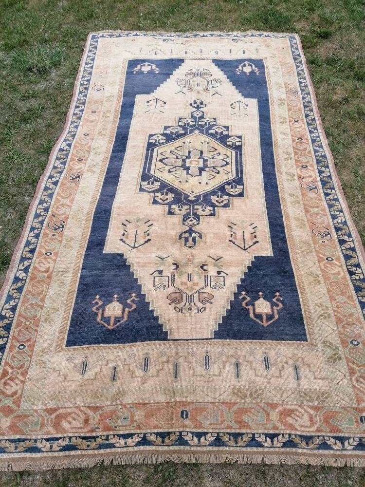 5'6x10 blue vintage rug, oushak wool rug , large anatolian rug,unique hand made