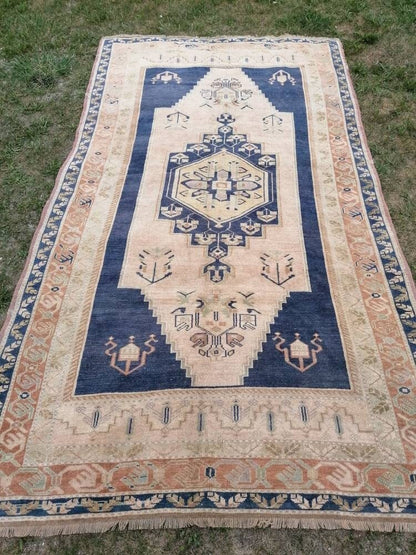 5'6x10 blue vintage rug, oushak wool rug , large anatolian rug,unique hand made