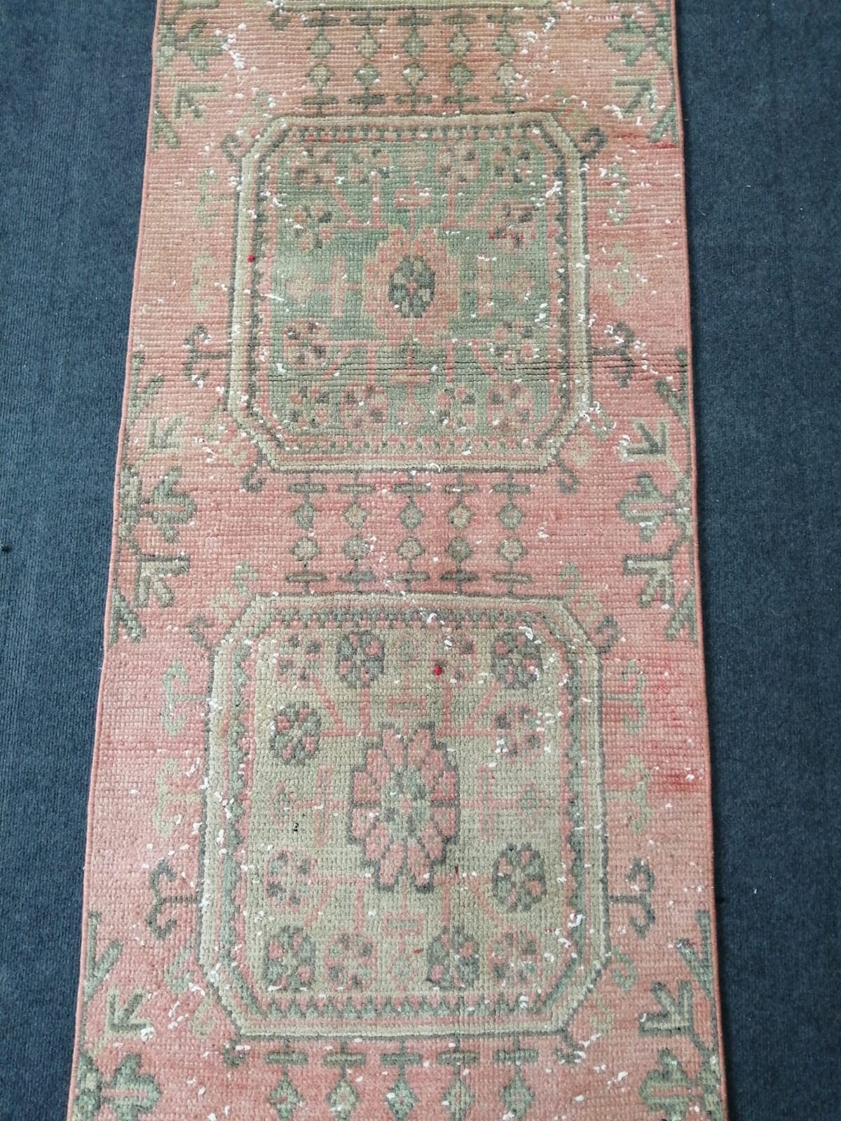 11'4x2'2 oushak turkish runner rug, vintage runner rug, vintage oushak runner rug, vintage anatolian rug,unique hand made rug,kitchen rug