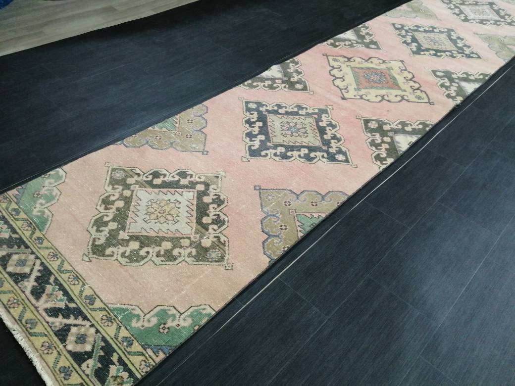 Muted Vintage Runner Rug 2.9 x 13 Vintage Persian Runner Rug Distressed Hallway Runner Rug Turkish Kitchen Runner Rug Antique Wool Runner