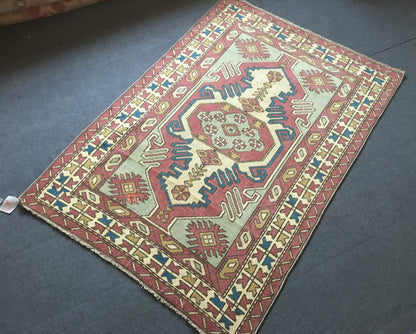 4x6 feet claret red muted vintage kitchen area rug, handmade blue turkish living room carpet, wool bedroom floor wide rug, bathroom area rug