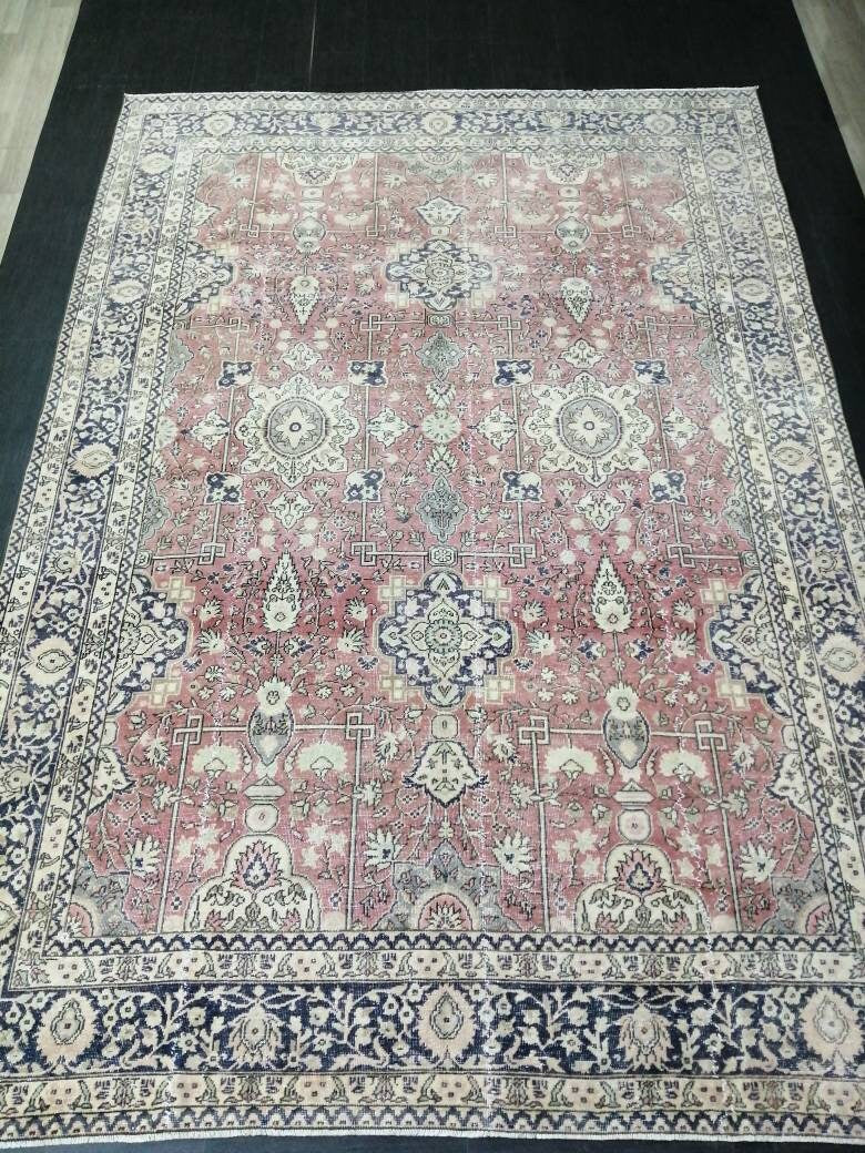 Muted Persian RUG 7.7 x 11 Turkish Oushak Rug Vintage Antique Rug Vintage Blue Pink Rug Wool Muted Oriental Rug Hand Made Rug