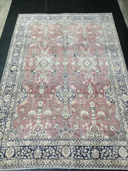 Muted Persian RUG 7.7 x 11 Turkish Oushak Rug Vintage Antique Rug Vintage Blue Pink Rug Wool Muted Oriental Rug Hand Made Rug