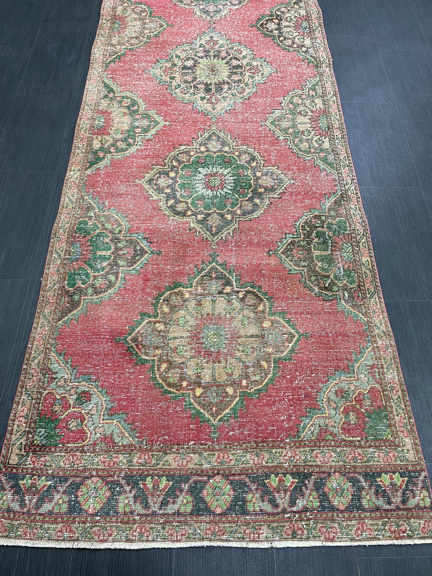 Vintage Runner Rug 3.7 x 12.6 Muted Turkish Runner Rug Hand Made Runner Rug Vintage Runner Rug Hallway Runner Rug Distressed Runner