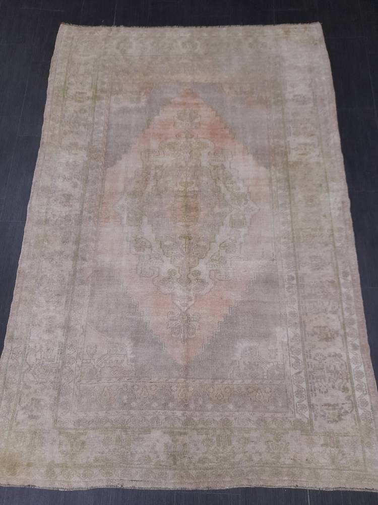 MUTED Handmade Rug 5.2 x 7.8 Vintage Turkish  Rug, Soft wool Rug NATURAL Wool Rug, Living Room Rug, Oushak Rug, Hand Knotted Rug Kitchen Rug
