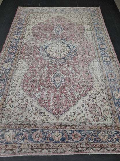 Vintage Turkish Rug 6.6 x 10 Red Vintage Persian Rug Muted Vintage Rug Wool Muted Oushak Rug Hand Made Rugs Vintage Distressed Turkish Rug