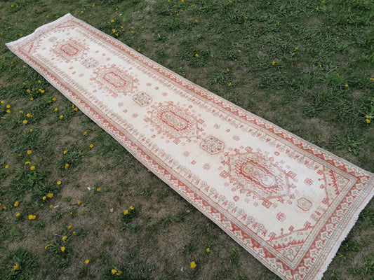 2'5x10'9 muted soft color runner rug, faded vintage runner rug, patel turkish runner rug, kitchen runner rug, hallway runner rug, oushak rug