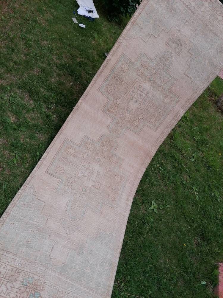 Muted hallway wool runner rug 2'7x8'4 handmade runner  vintage oushak runner, turkish runner rug