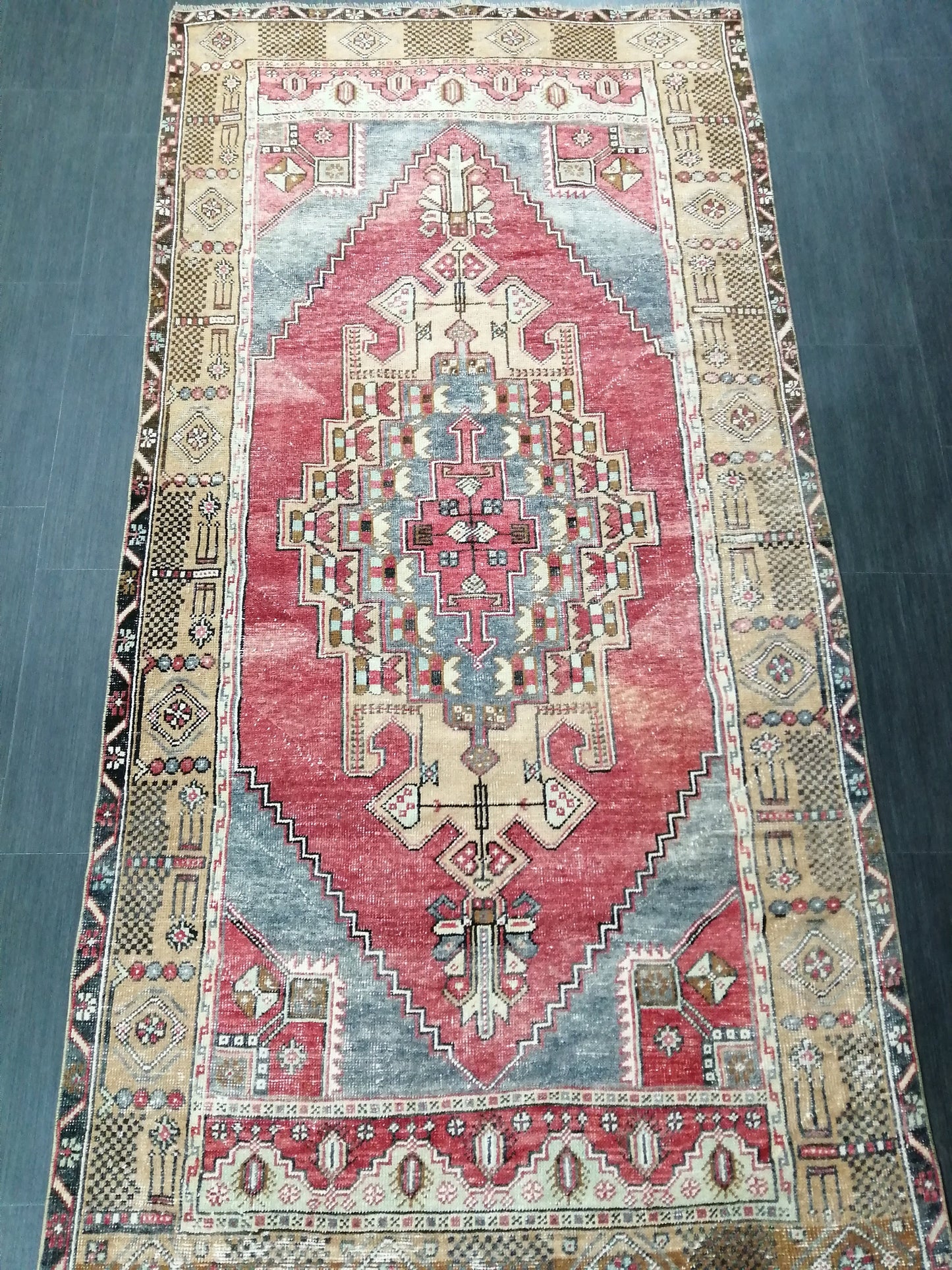 Muted OUSHAK RUG 4.2 x 8.3  Muted Vintage Rug Vintage Rug  Ice Blue Wool Oushak Rug Hand Made Rugs Vintage Turkish Rug