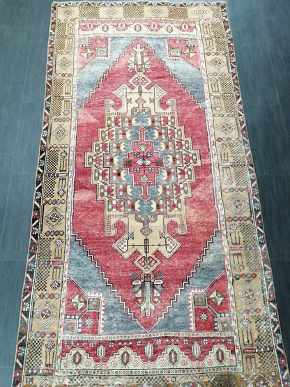 Muted OUSHAK RUG 4.2 x 8.3  Muted Vintage Rug Vintage Rug  Ice Blue Wool Oushak Rug Hand Made Rugs Vintage Turkish Rug