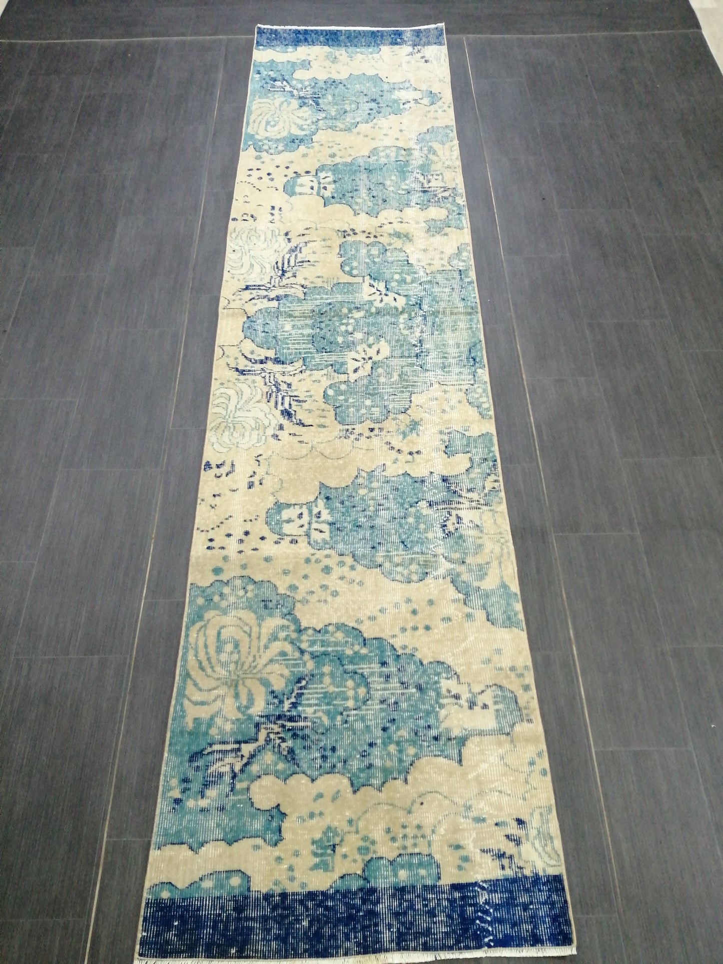 Oushak Runner Rug 10.5 X 2.5  Turkish Runner Rug Vintage Runner Rug  Beige and Blue Hallway Runner Rug Kitchen Runner Rug vinatgeturkish_rug