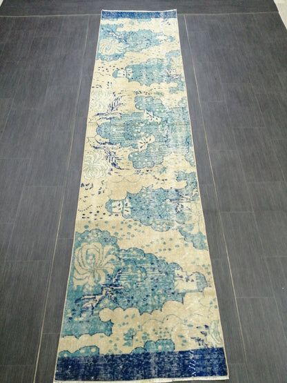 Oushak Runner Rug 10.5 X 2.5  Turkish Runner Rug Vintage Runner Rug  Beige and Blue Hallway Runner Rug Kitchen Runner Rug vinatgeturkish_rug