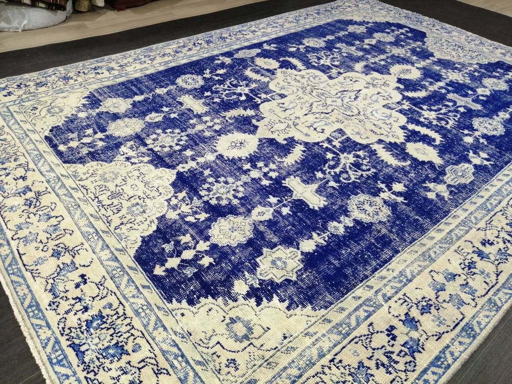 Antique RUG 7.4 x 10.8 Vintage Rug Vintage Persian Rug Muted Wool Oriental Rug Blue Hand Made Rugs Blue Distressed Turkish Antique Navy Rug