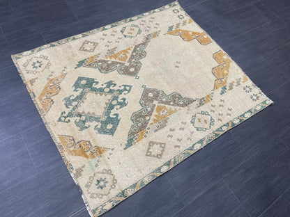 Muted Turkish Rug 3.6 x 4.4 Rug Handmade Rug, Rustic Rug Hand Knotted Rug, Rug Runner, Turkish Rug, Farmhouse Rug, Vintage Rug, Wool rug