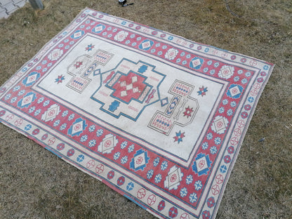 5.2 x 6.9 Turkısh hand knotted rug blue vıntage rug, handmade rug, wool rug