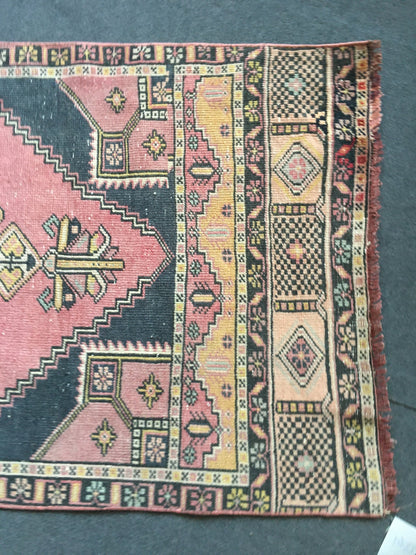 3x7.5 feet pink handmade middle runner, vintage kitchen floor runner, living room area wool runner rug, turkish bedroom runner, bath runner