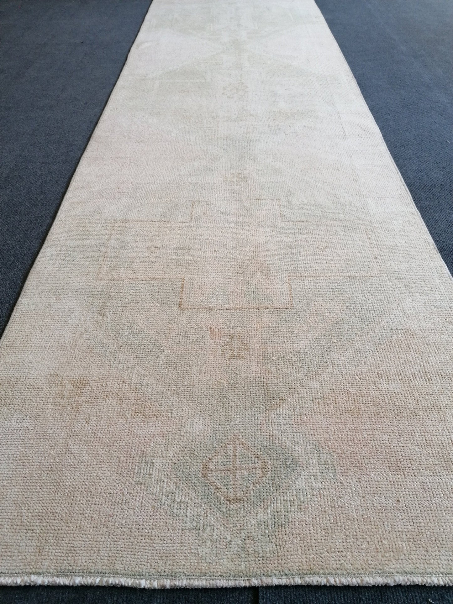 2'8x12 oushak turkish runner rug, hallway runner rug, hand made rug, oushak vintage runner rug, vintage rug, vintage anatolian rug