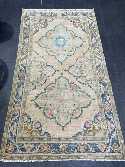 Vintage Rug, Hand Knotted 3.7 x 6.8 Rug, Turkish Runner Rug, Vintage Runner Rug, Hallway Rug, Wool Kitchen Rug, Handmade Rug,