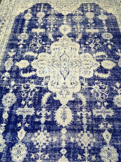 Antique RUG 7.4 x 10.8 Vintage Rug Vintage Persian Rug Muted Wool Oriental Rug Blue Hand Made Rugs Blue Distressed Turkish Antique Navy Rug