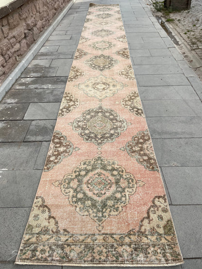 Handmade Extra Long Turkish 2.8 x 21.8 Runner, Very Long Oushak Runner Rug, Vintage Runner Rug, Pink XL Stairs Runner Rug Staircase Runner