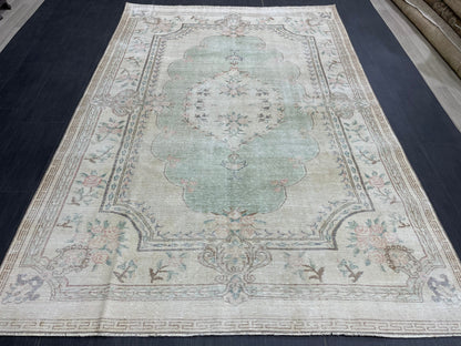 Handmade Rug 6x9 Oushak Rug Distressed Rustic Rug, Light Green Rug Hand Knotted Rug Turkish Rug, Farmhouse Rug, Vintage Rug, Wool rug