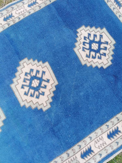 Turkish blue rug, vintage wool rug, oushak vintage rug,kitchen rug, 4x5'6 vintage anatolian rug,unique hand made bohemian