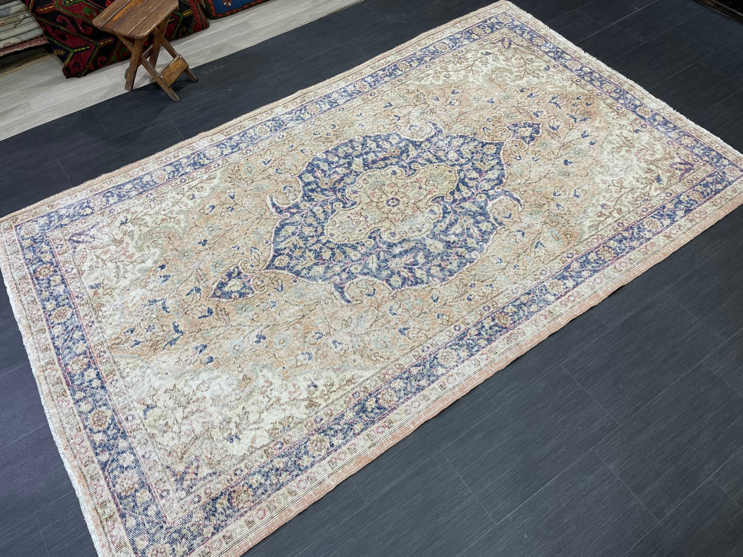 Persian RUG Vintage TURKISH 5.3 x 8.9 Rug Blue Vintage Rug Wool Oushak Rug Handmade Rug Hand Knotted Rug Natural Wool Rug