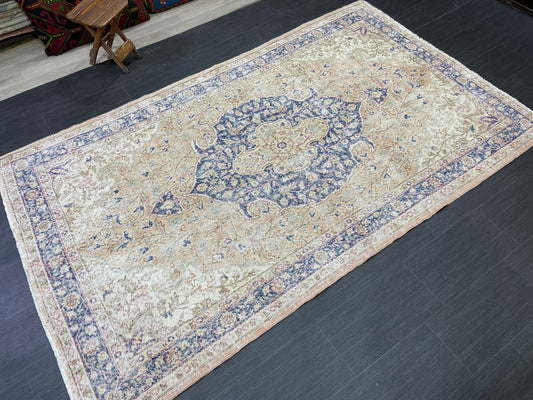 Persian RUG Vintage TURKISH 5.3 x 8.9 Rug Blue Vintage Rug Wool Oushak Rug Handmade Rug Hand Knotted Rug Natural Wool Rug